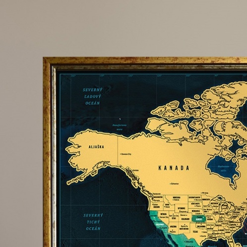 Zarámovaná mapa SVETA - zlatý rám